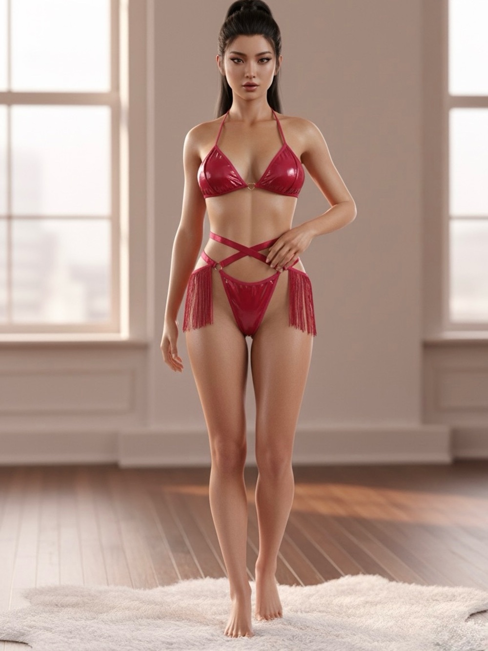Red Fringe Strappy Lingerie Set